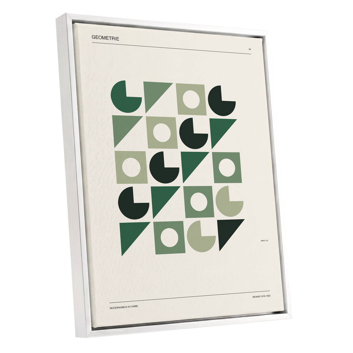 Weimar Geometry, green, beige, black minimalist wall art shown as a white framed canvas wall art
