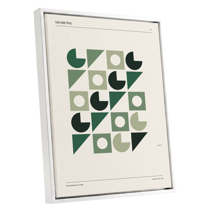 Weimar Geometry, green, beige, black minimalist wall art shown as a white framed canvas wall art