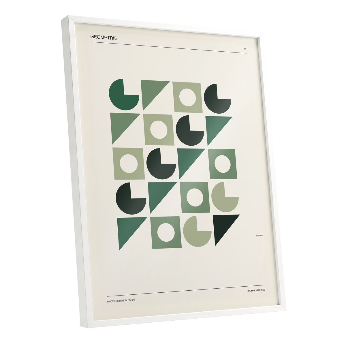 Weimar Geometry, green, beige, black minimalist wall art shown as a white framed poster wall art print