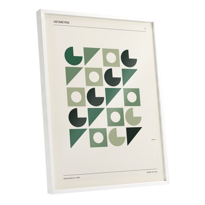 Weimar Geometry, green, beige, black minimalist wall art shown as a white framed poster wall art print