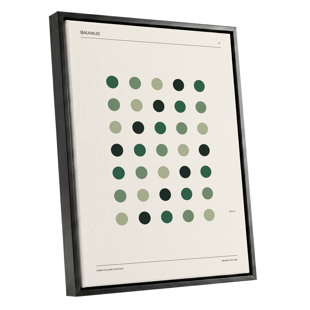 Weimar Green Rhythm, green, beige, black minimalist wall art shown as a black framed canvas wall art