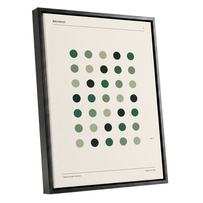 Weimar Green Rhythm, green, beige, black minimalist wall art shown as a black framed canvas wall art