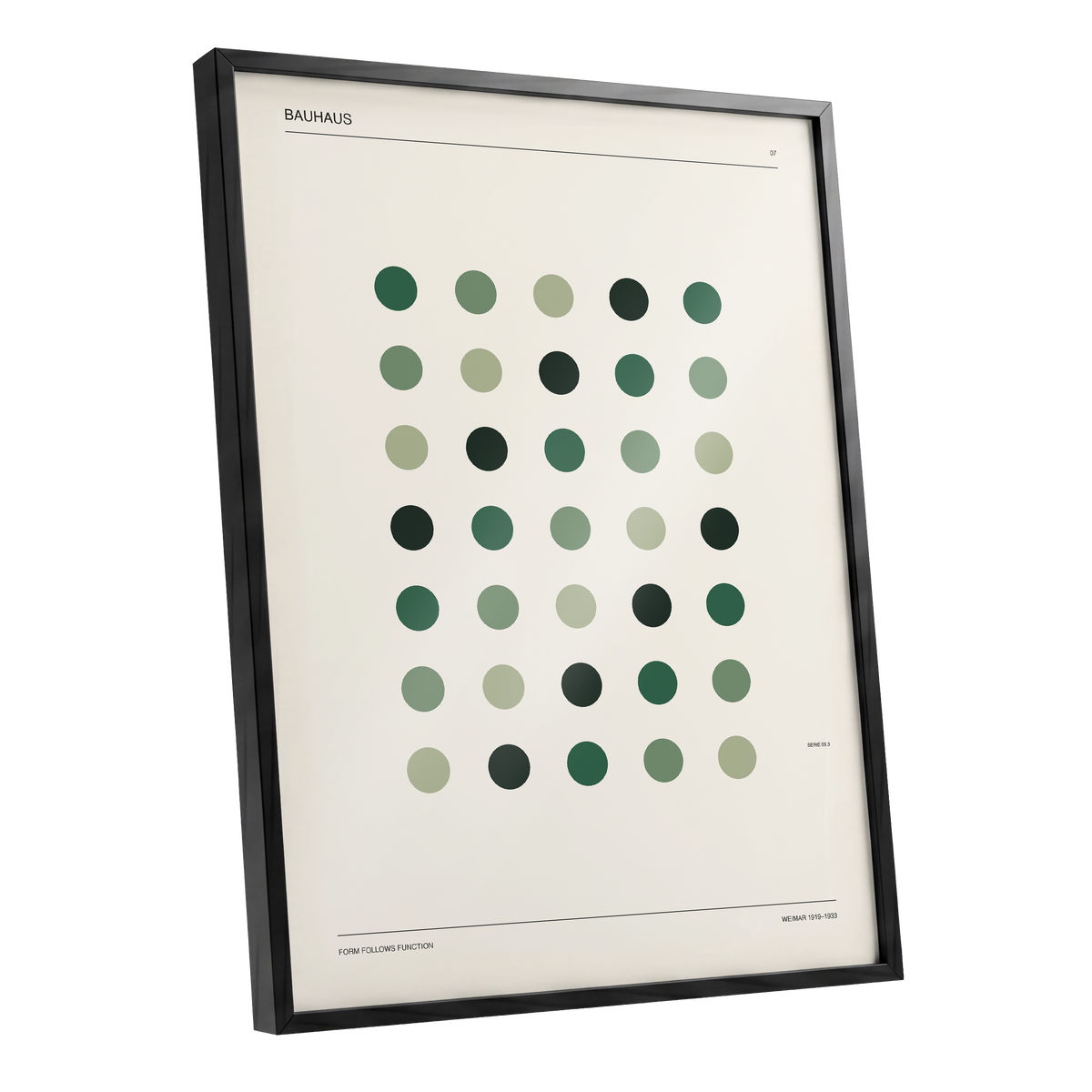 Weimar Green Rhythm, green, beige, black minimalist wall art shown as a black framed poster wall art print