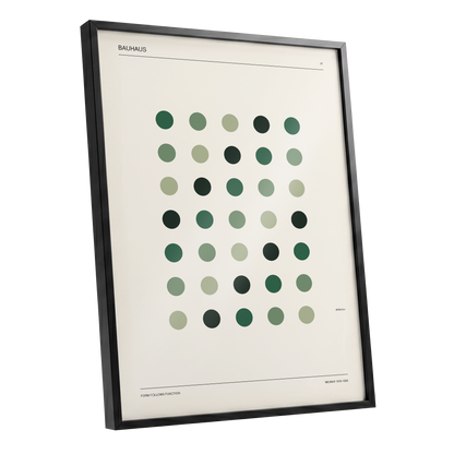 Weimar Green Rhythm, green, beige, black minimalist wall art shown as a black framed poster wall art print