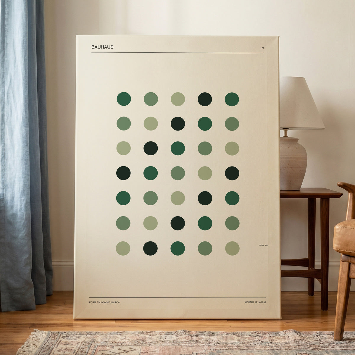 Weimar Green Rhythm, green, beige, black minimalist wall art on canvas displayed in a styled interior, gallery view 1
