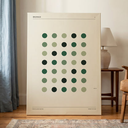 Weimar Green Rhythm, green, beige, black minimalist wall art on canvas displayed in a styled interior, gallery view 1