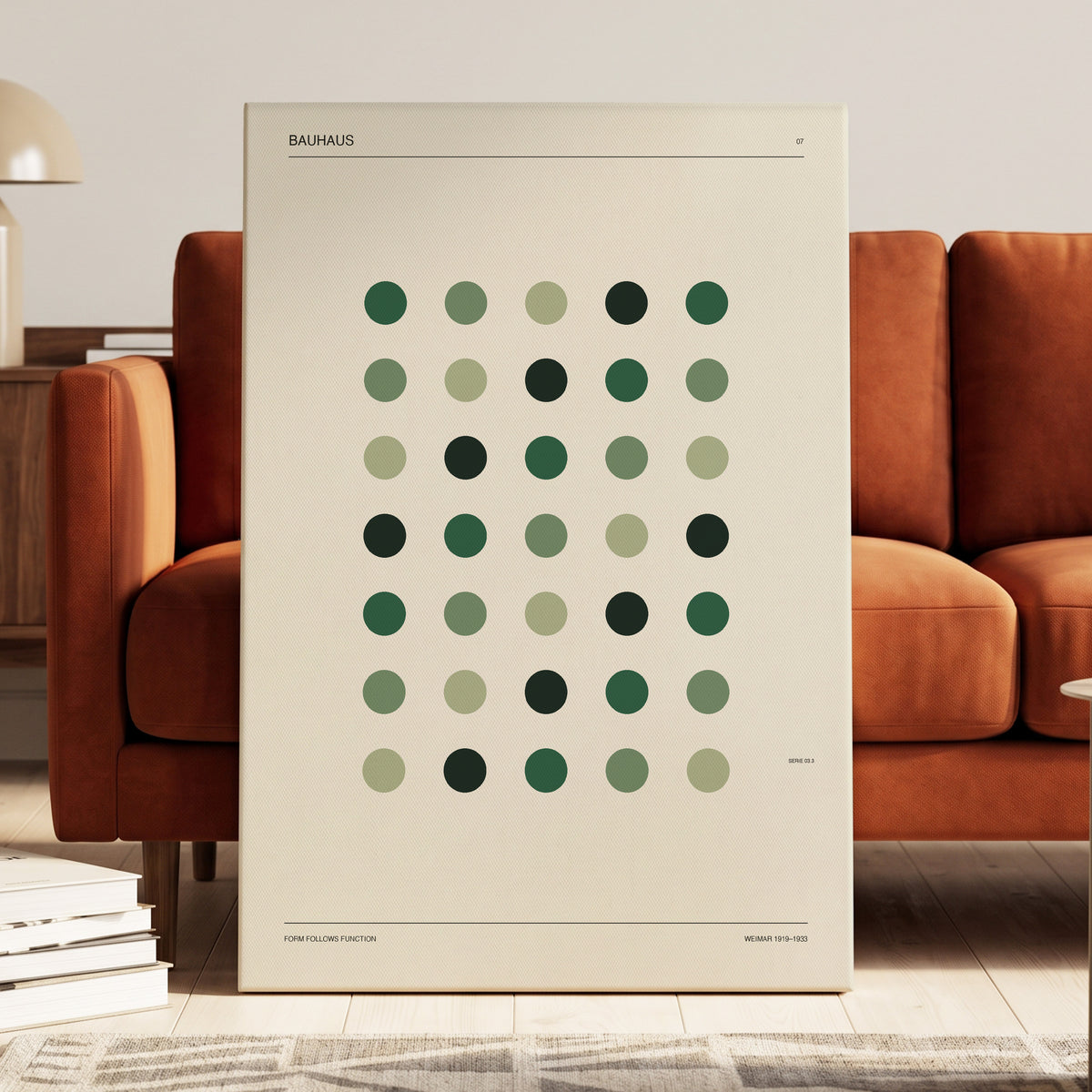Weimar Green Rhythm, green, beige, black minimalist wall art on canvas displayed in a styled interior, gallery view 2