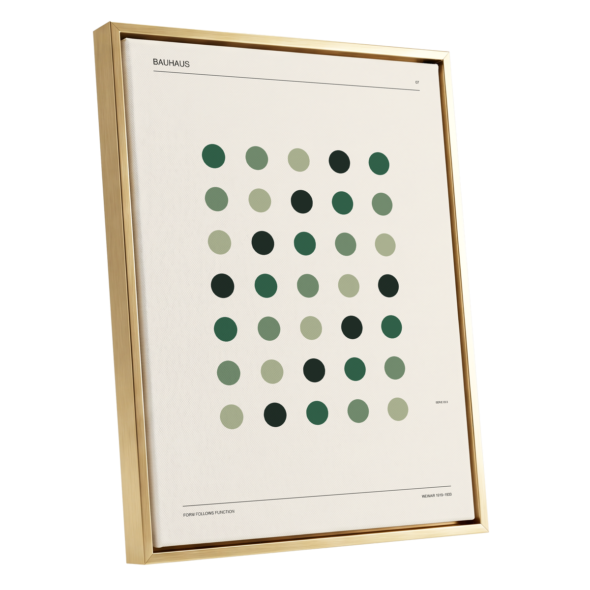 Weimar Green Rhythm, green, beige, black minimalist wall art shown as a gold framed canvas wall art