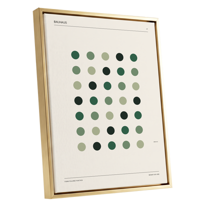 Weimar Green Rhythm, green, beige, black minimalist wall art shown as a gold framed canvas wall art