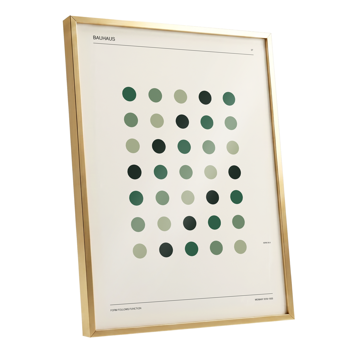 Weimar Green Rhythm, green, beige, black minimalist wall art shown as a gold framed poster wall art print