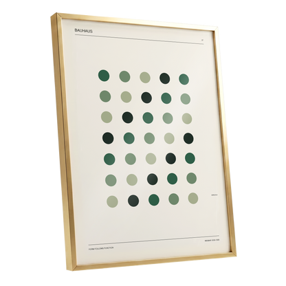 Weimar Green Rhythm, green, beige, black minimalist wall art shown as a gold framed poster wall art print