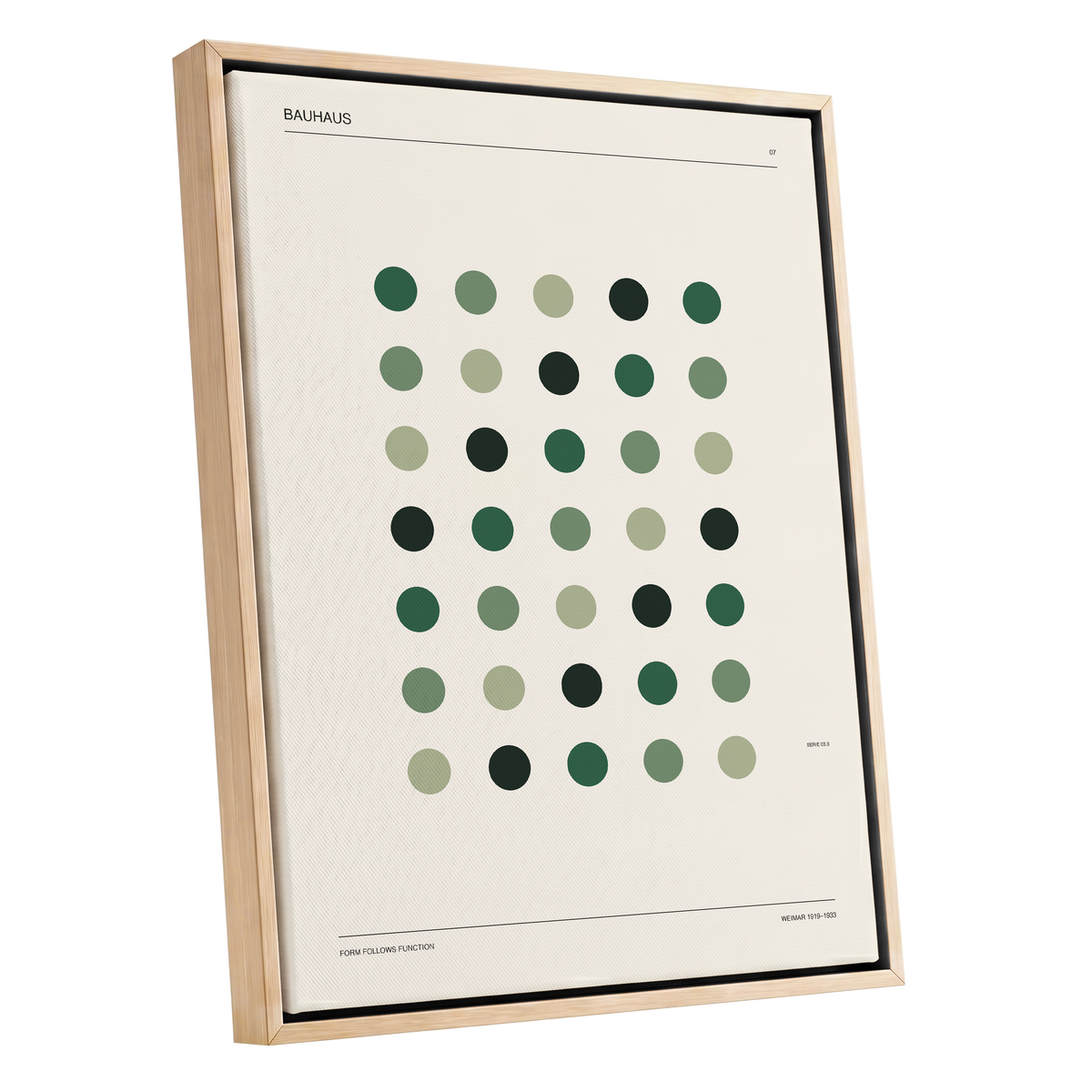Weimar Green Rhythm, green, beige, black minimalist wall art shown as a oak framed canvas wall art