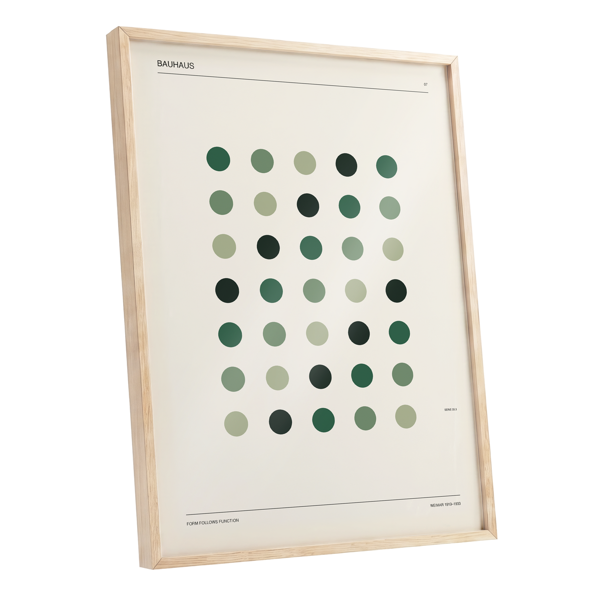 Weimar Green Rhythm, green, beige, black minimalist wall art shown as a oak framed poster wall art print