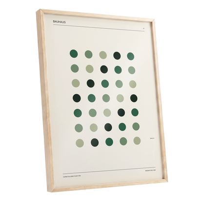 Weimar Green Rhythm, green, beige, black minimalist wall art shown as a oak framed poster wall art print