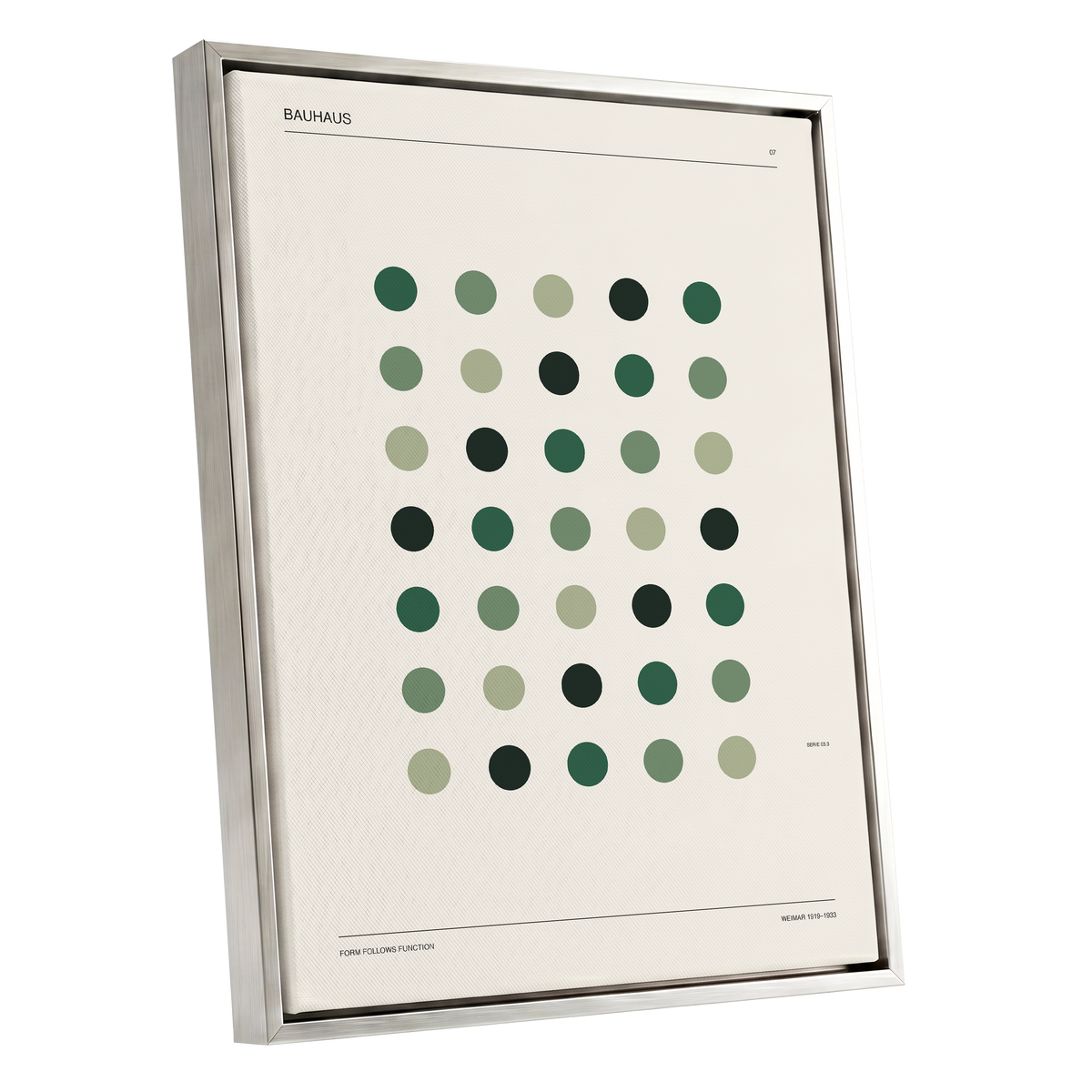 Weimar Green Rhythm, green, beige, black minimalist wall art shown as a silver framed canvas wall art