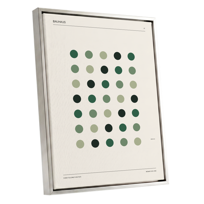 Weimar Green Rhythm, green, beige, black minimalist wall art shown as a silver framed canvas wall art