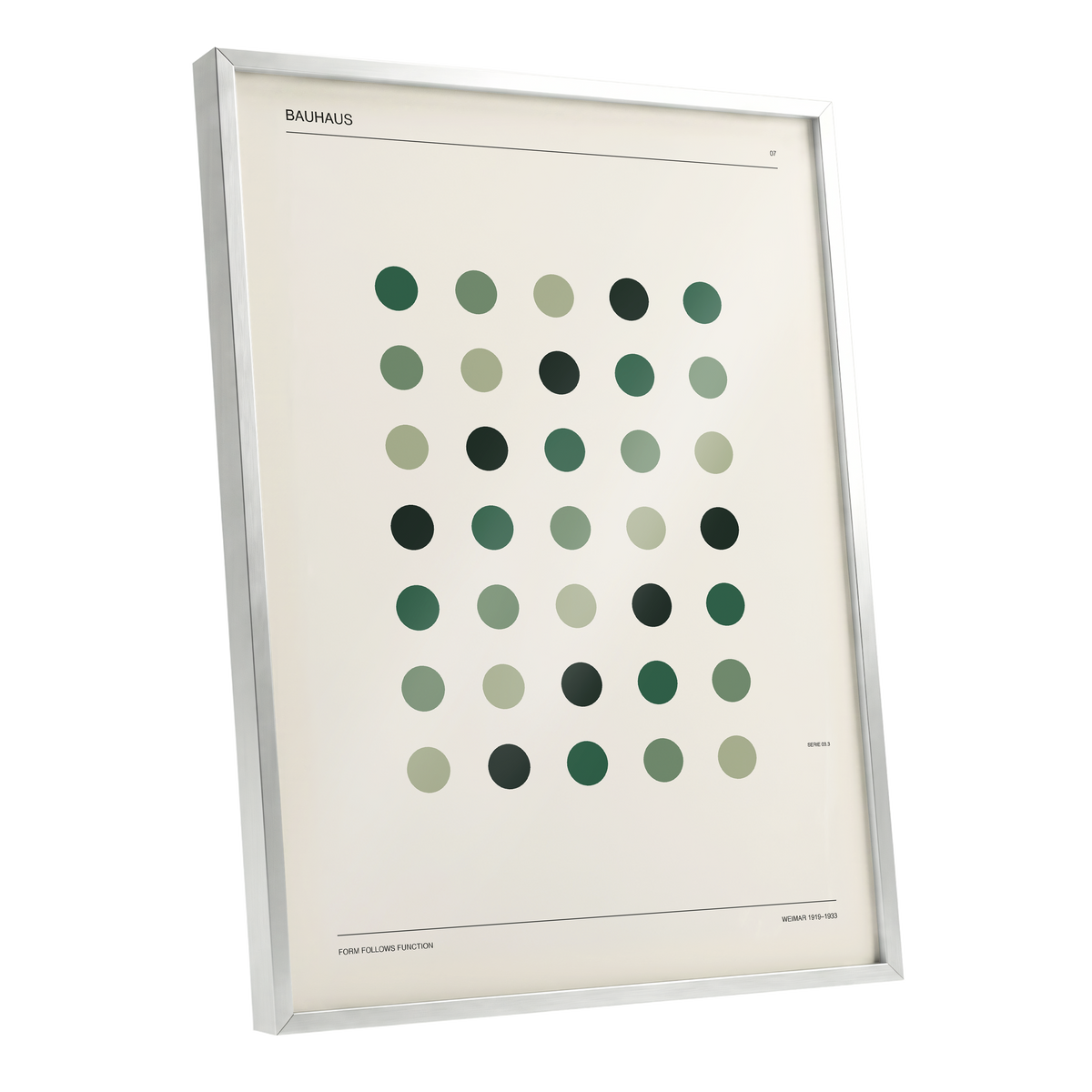 Weimar Green Rhythm, green, beige, black minimalist wall art shown as a silver framed poster wall art print
