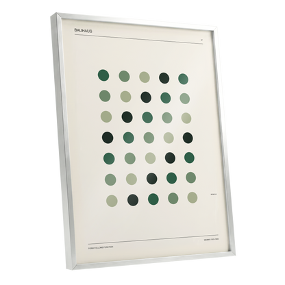 Weimar Green Rhythm, green, beige, black minimalist wall art shown as a silver framed poster wall art print