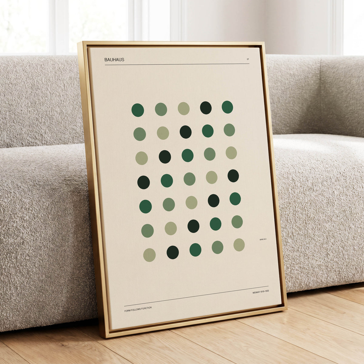 Weimar Green Rhythm, green, beige, black minimalist wall art displayed in a styled interior, gallery view 1
