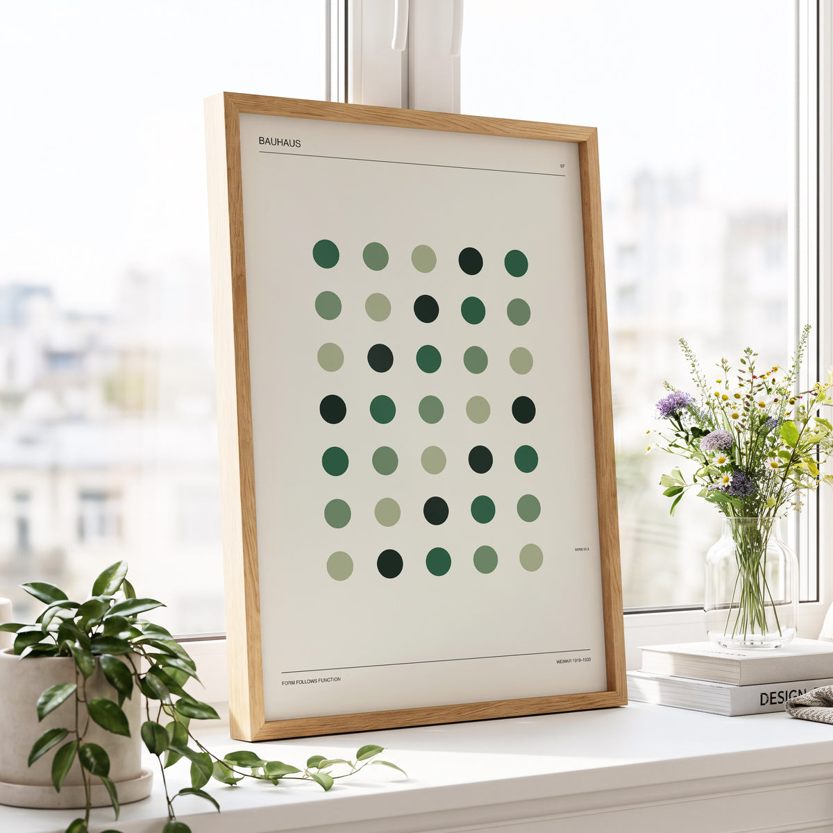 Weimar Green Rhythm, green, beige, black minimalist wall art displayed in a styled interior, gallery view 6