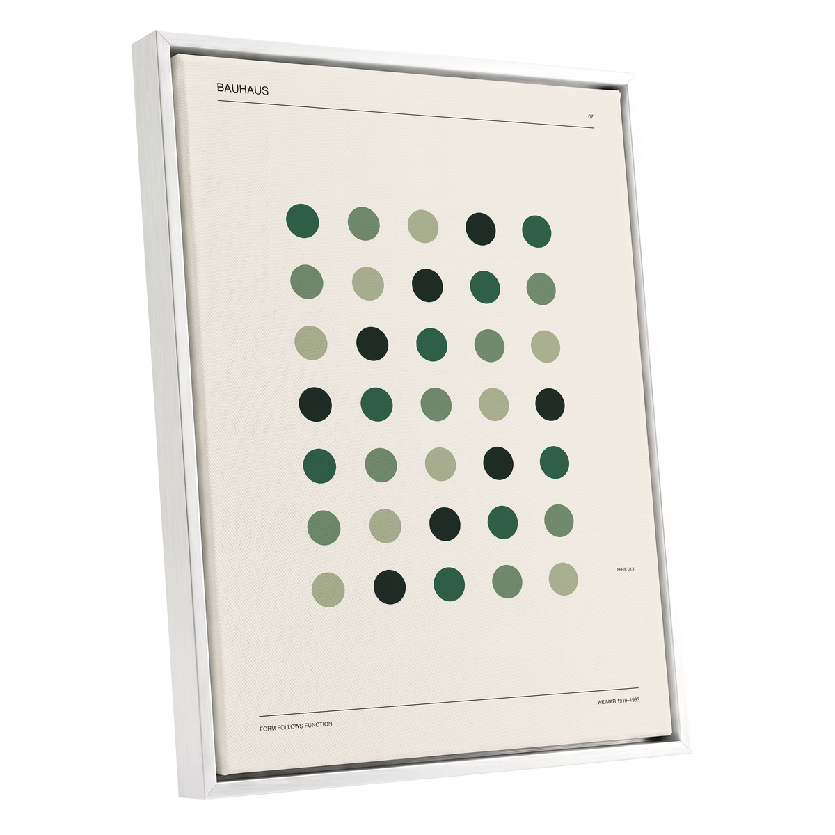 Weimar Green Rhythm, green, beige, black minimalist wall art shown as a white framed canvas wall art