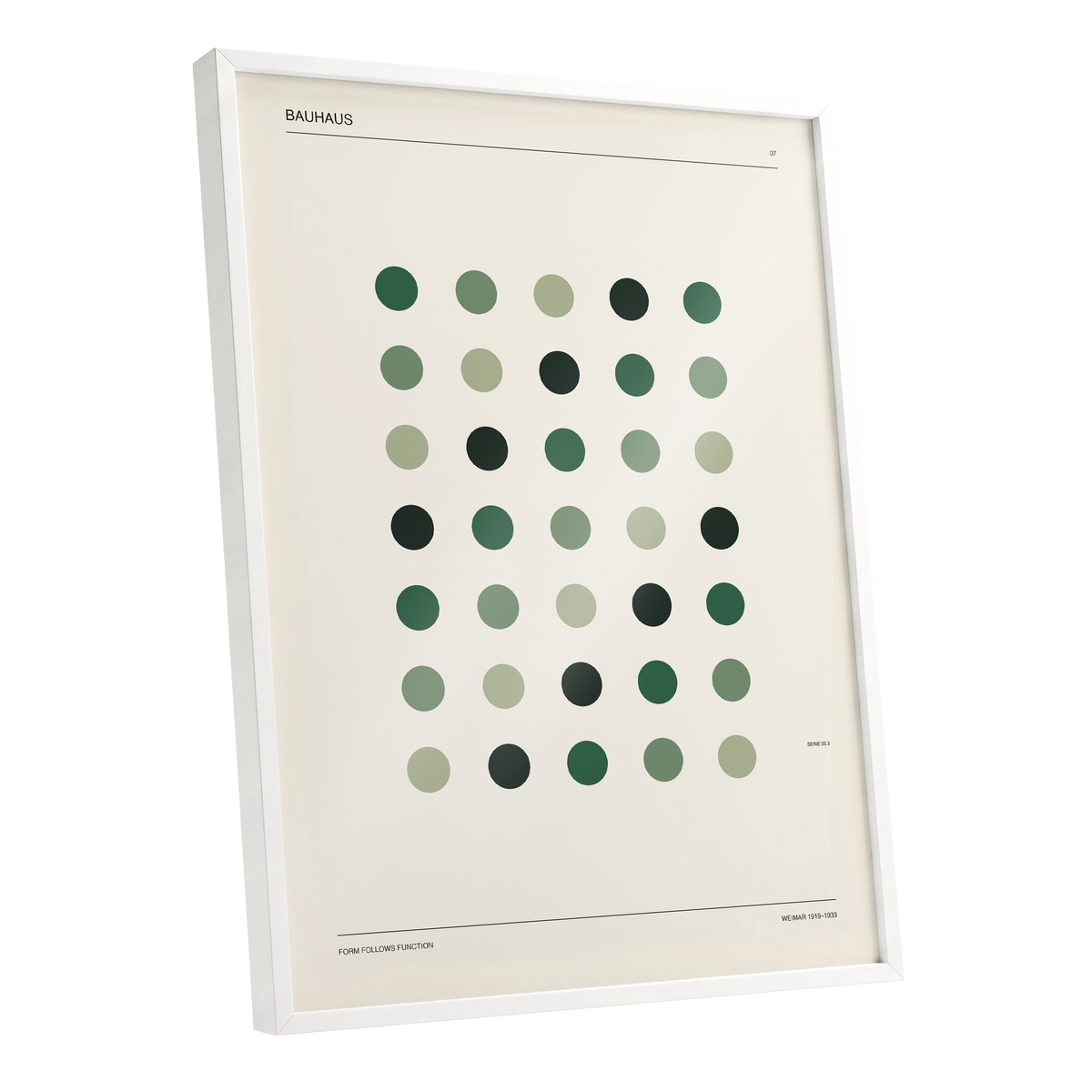 Weimar Green Rhythm, green, beige, black minimalist wall art shown as a white framed poster wall art print
