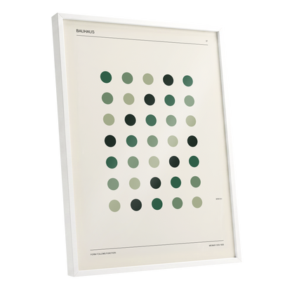 Weimar Green Rhythm, green, beige, black minimalist wall art shown as a white framed poster wall art print