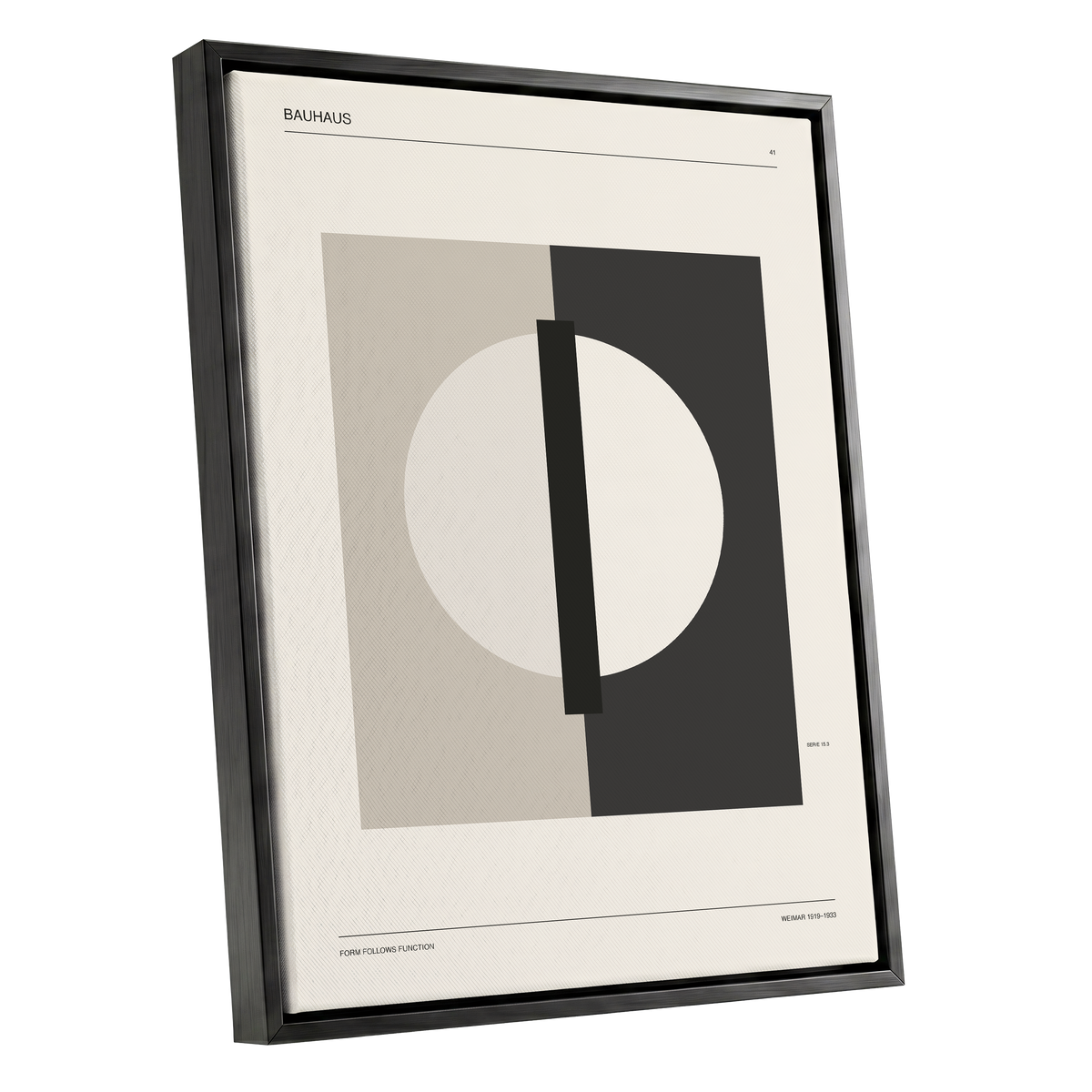 Weimar Orbit, beige, black, gray minimalist wall art shown as a black framed canvas wall art
