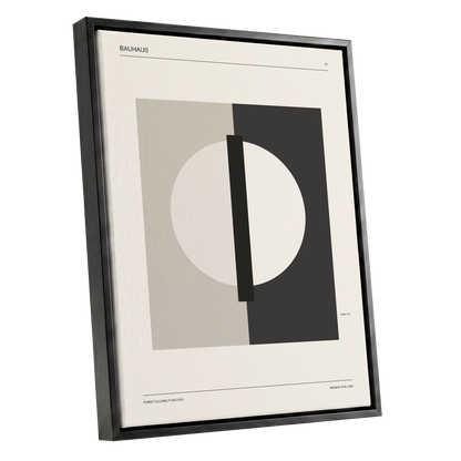 Weimar Orbit, beige, black, gray minimalist wall art shown as a black framed canvas wall art