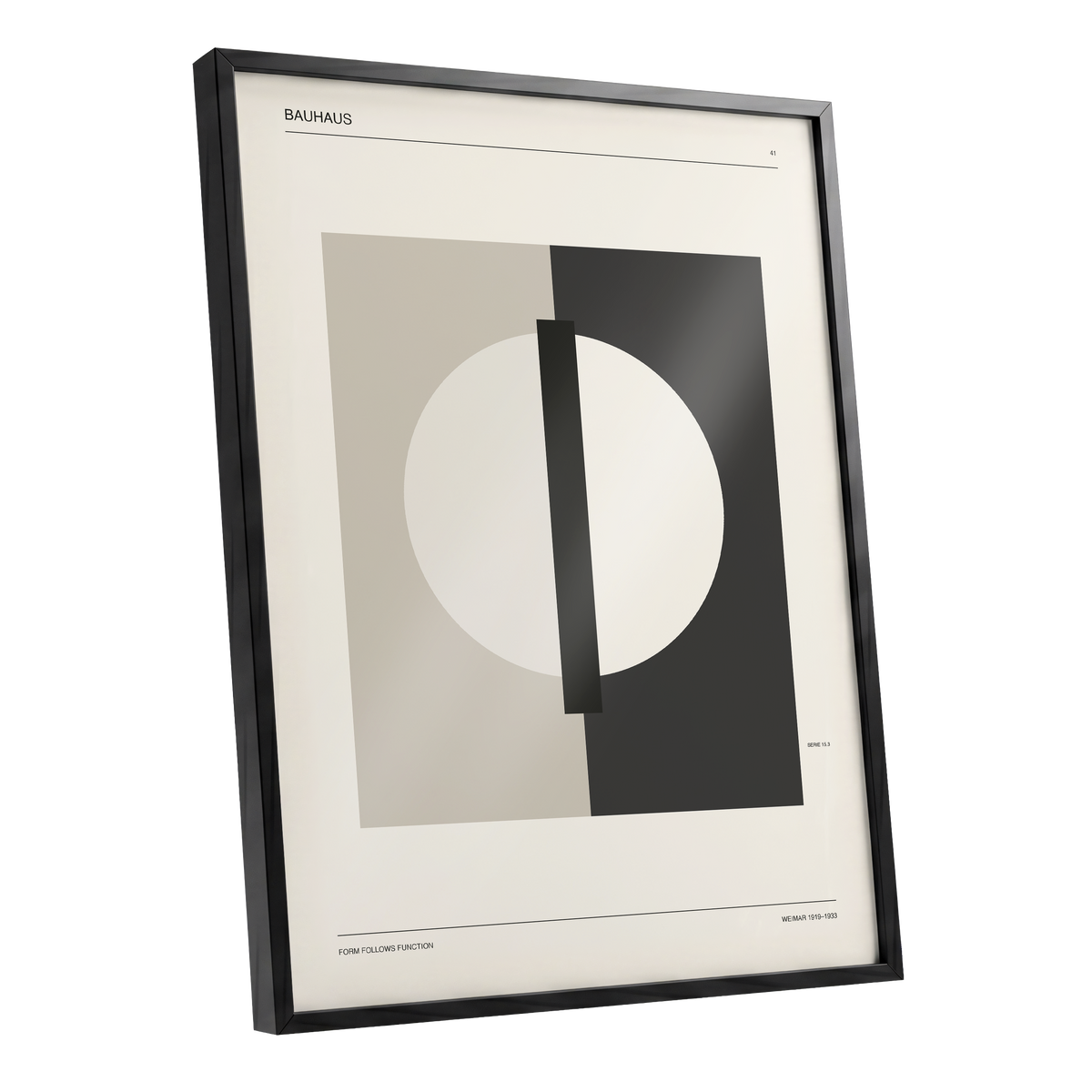 Weimar Orbit, beige, black, gray minimalist wall art shown as a black framed poster wall art print