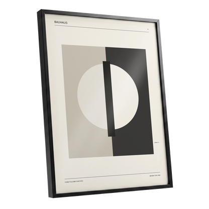 Weimar Orbit, beige, black, gray minimalist wall art shown as a black framed poster wall art print