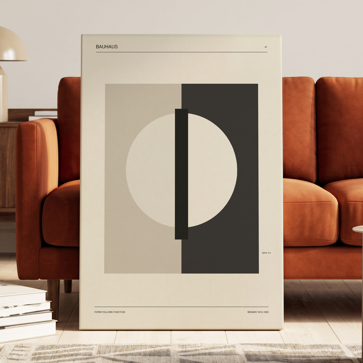 Weimar Orbit, beige, black, gray minimalist wall art on canvas displayed in a styled interior, gallery view 1