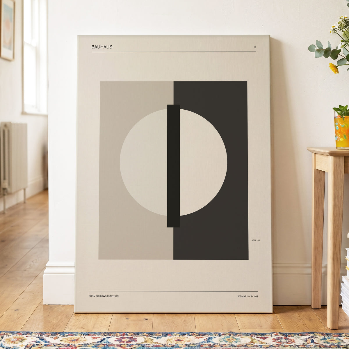Weimar Orbit, beige, black, gray minimalist wall art on canvas displayed in a styled interior, gallery view 2