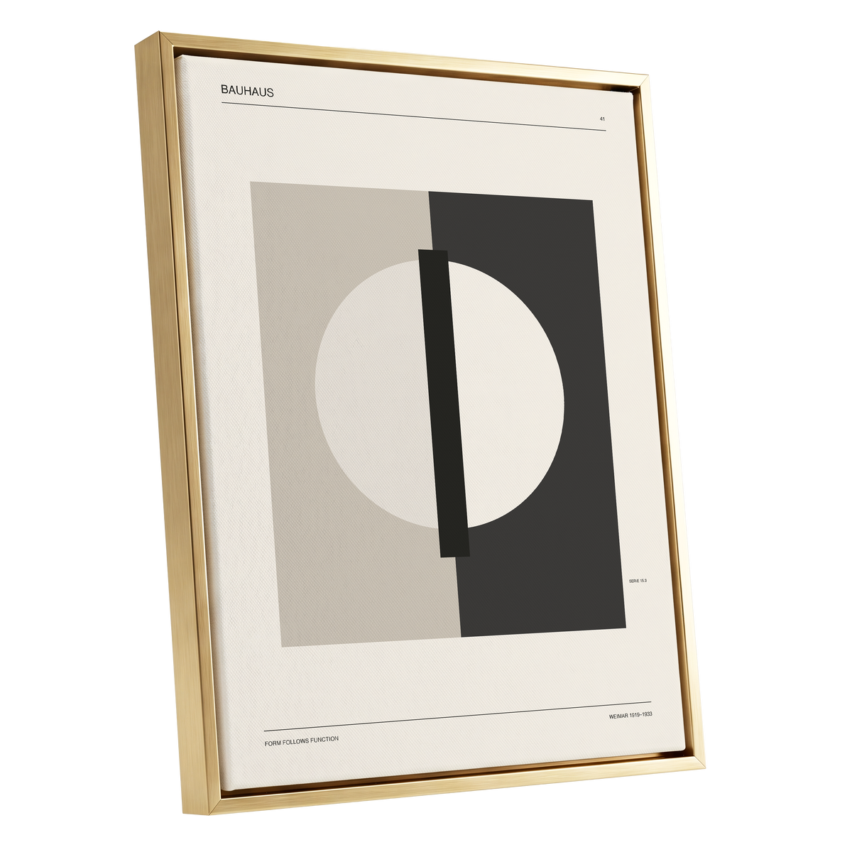 Weimar Orbit, beige, black, gray minimalist wall art shown as a gold framed canvas wall art