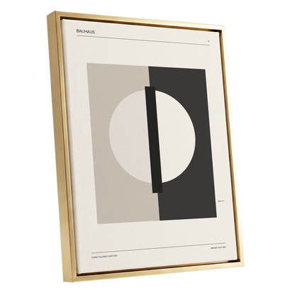 Weimar Orbit, beige, black, gray minimalist wall art shown as a gold framed canvas wall art