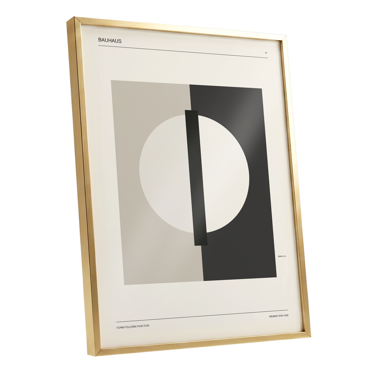 Weimar Orbit, beige, black, gray minimalist wall art shown as a gold framed poster wall art print