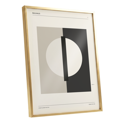 Weimar Orbit, beige, black, gray minimalist wall art shown as a gold framed poster wall art print