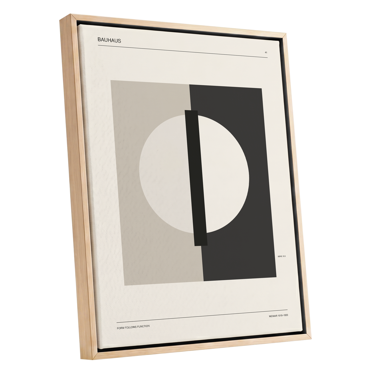 Weimar Orbit, beige, black, gray minimalist wall art shown as a oak framed canvas wall art
