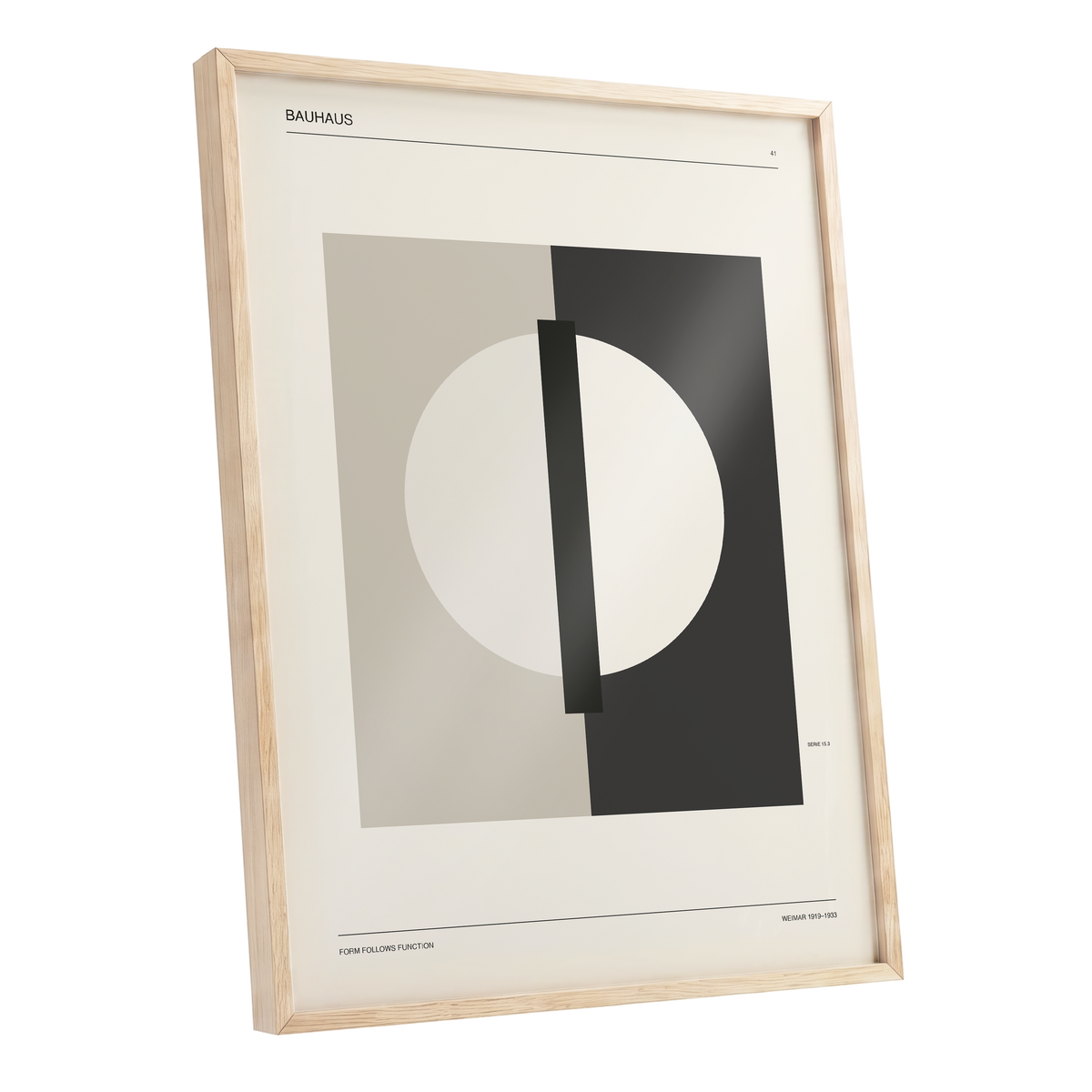 Weimar Orbit, beige, black, gray minimalist wall art shown as a oak framed poster wall art print