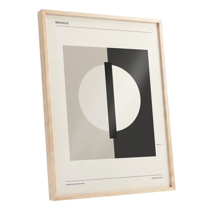 Weimar Orbit, beige, black, gray minimalist wall art shown as a oak framed poster wall art print