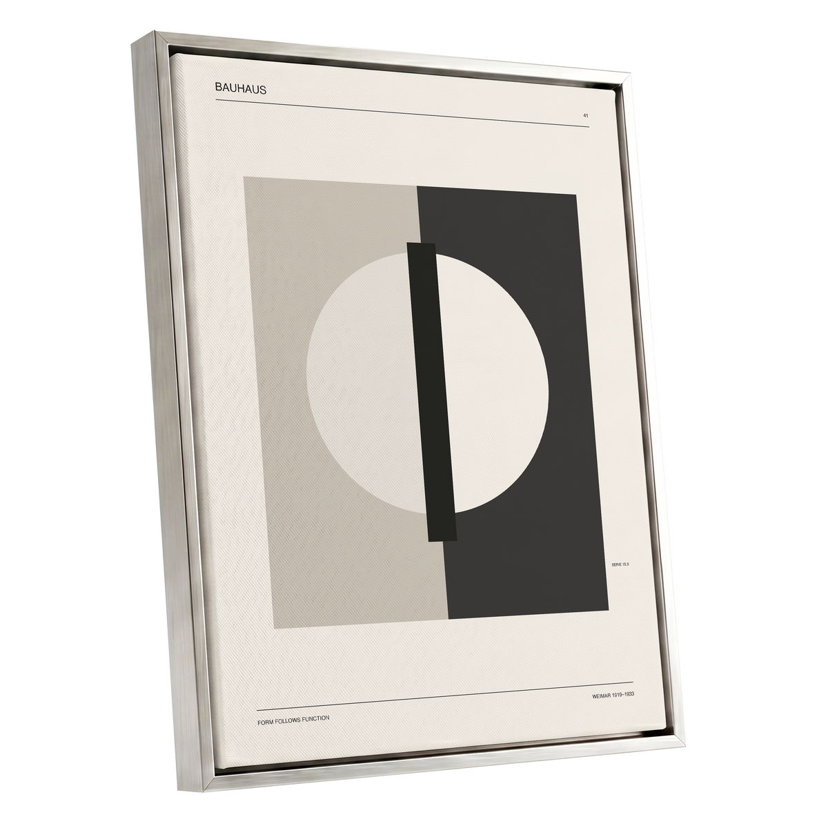 Weimar Orbit, beige, black, gray minimalist wall art shown as a silver framed canvas wall art