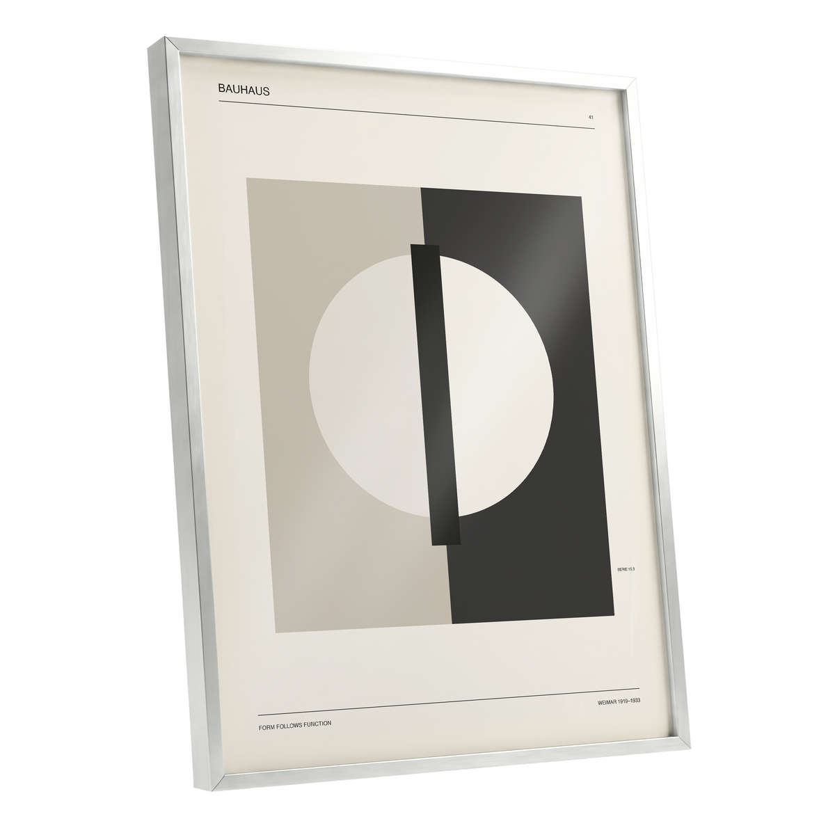 Weimar Orbit, beige, black, gray minimalist wall art shown as a silver framed poster wall art print
