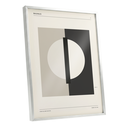 Weimar Orbit, beige, black, gray minimalist wall art shown as a silver framed poster wall art print