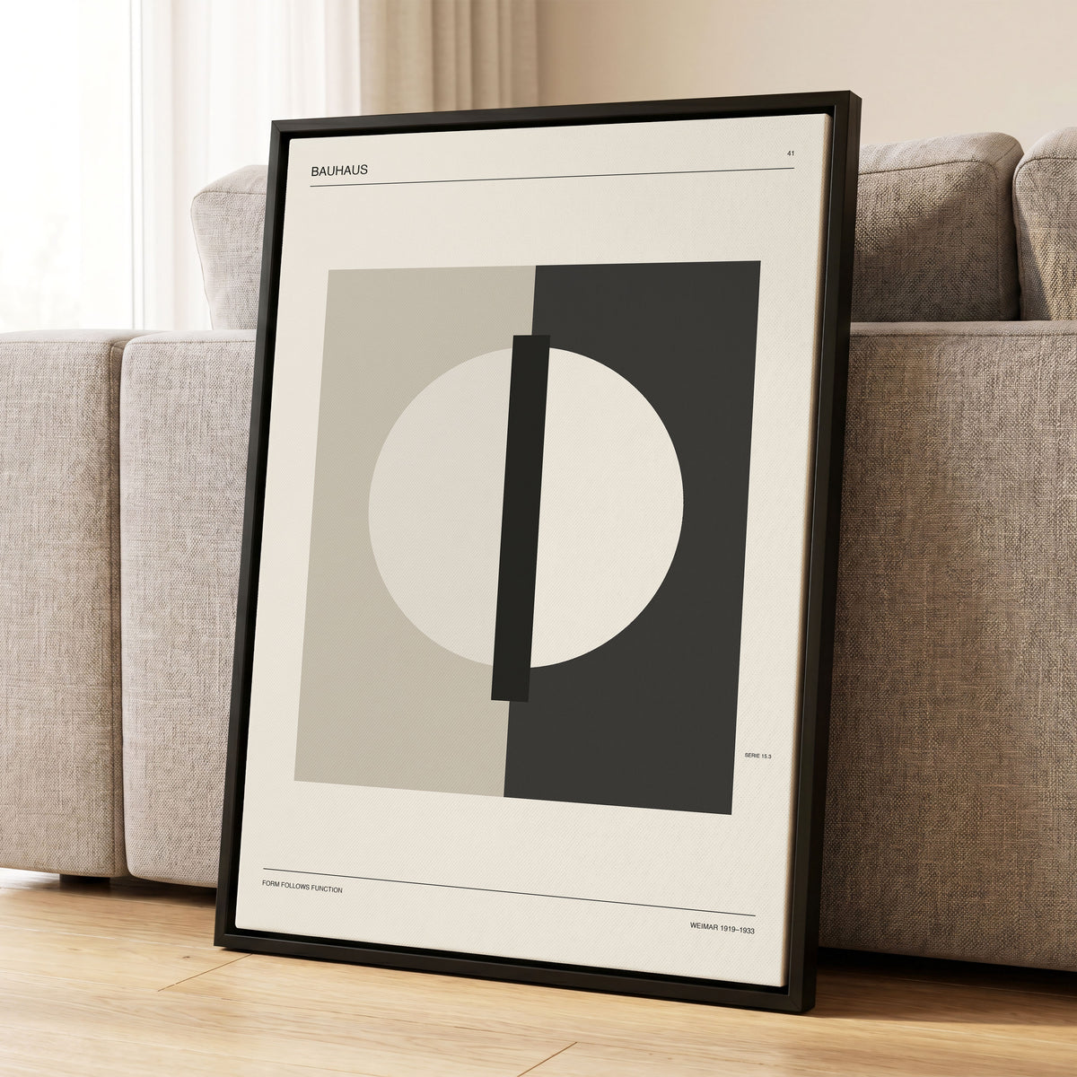 Weimar Orbit, beige, black, gray minimalist wall art displayed in a styled interior, gallery view 1