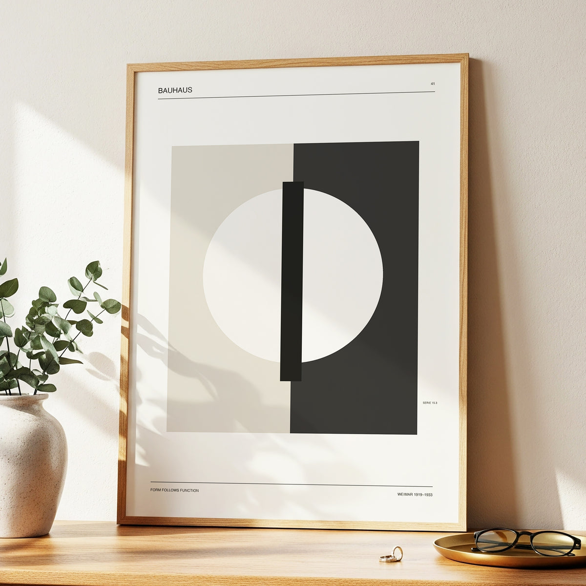 Weimar Orbit, beige, black, gray minimalist wall art displayed in a styled interior, gallery view 2