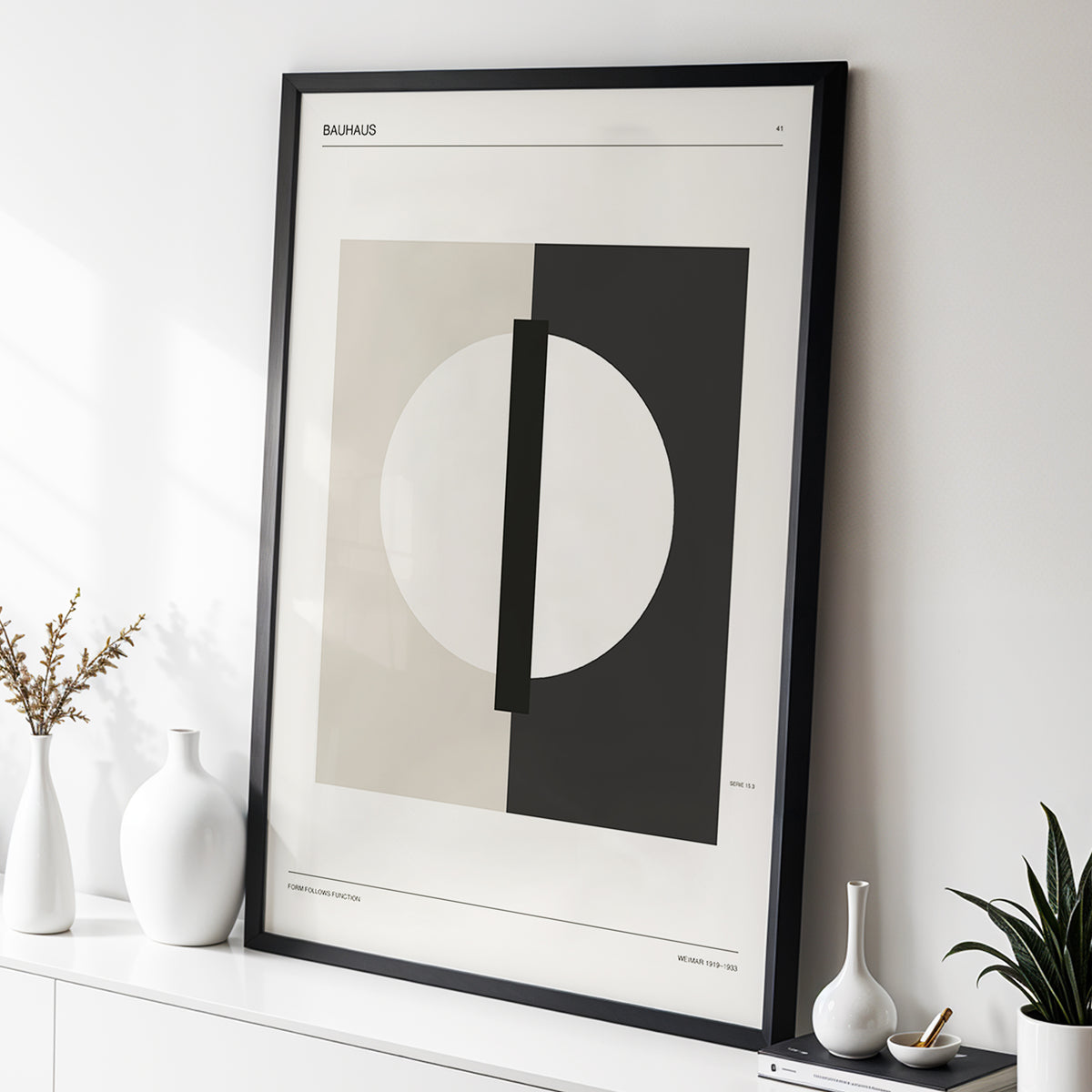 Weimar Orbit, beige, black, gray minimalist wall art displayed in a styled interior, gallery view 4