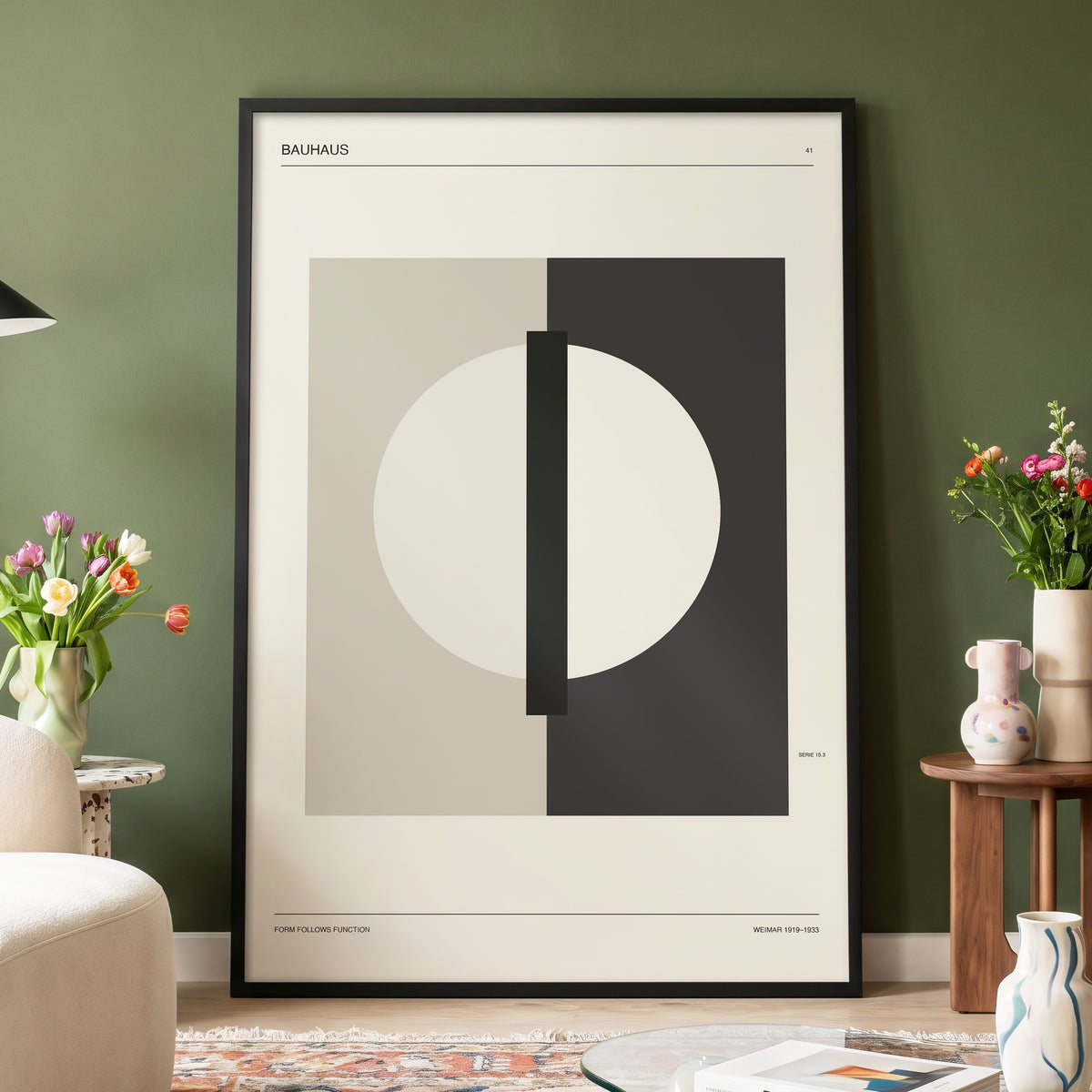 Weimar Orbit, beige, black, gray minimalist wall art displayed in a styled interior, gallery view 5