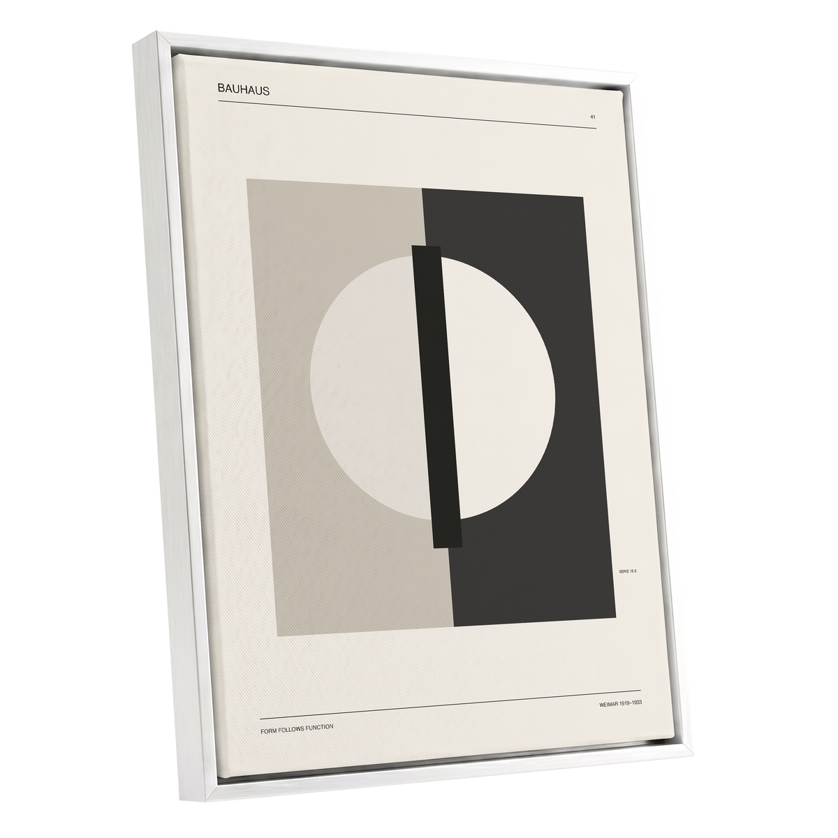 Weimar Orbit, beige, black, gray minimalist wall art shown as a white framed canvas wall art