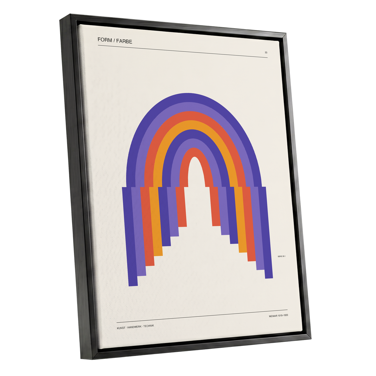 Weimar Rainbow Arches, beige, purple, orange minimalist wall art shown as a black framed canvas wall art