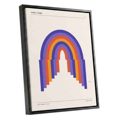 Weimar Rainbow Arches, beige, purple, orange minimalist wall art shown as a black framed canvas wall art